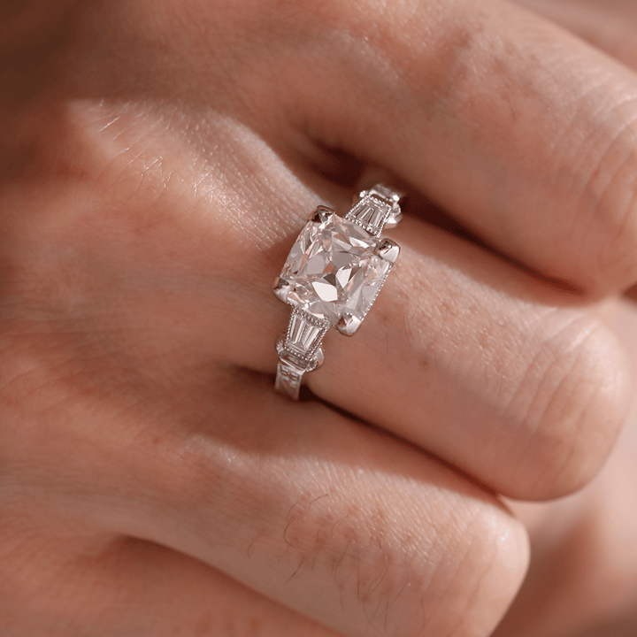 14K White Gold 3ct Old Mine Cut Lab Diamond Art Deco Style Vintage Engraved Three - stone Ring with Tapered Baguette Cut Side Stones - FIORESE JEWELRY