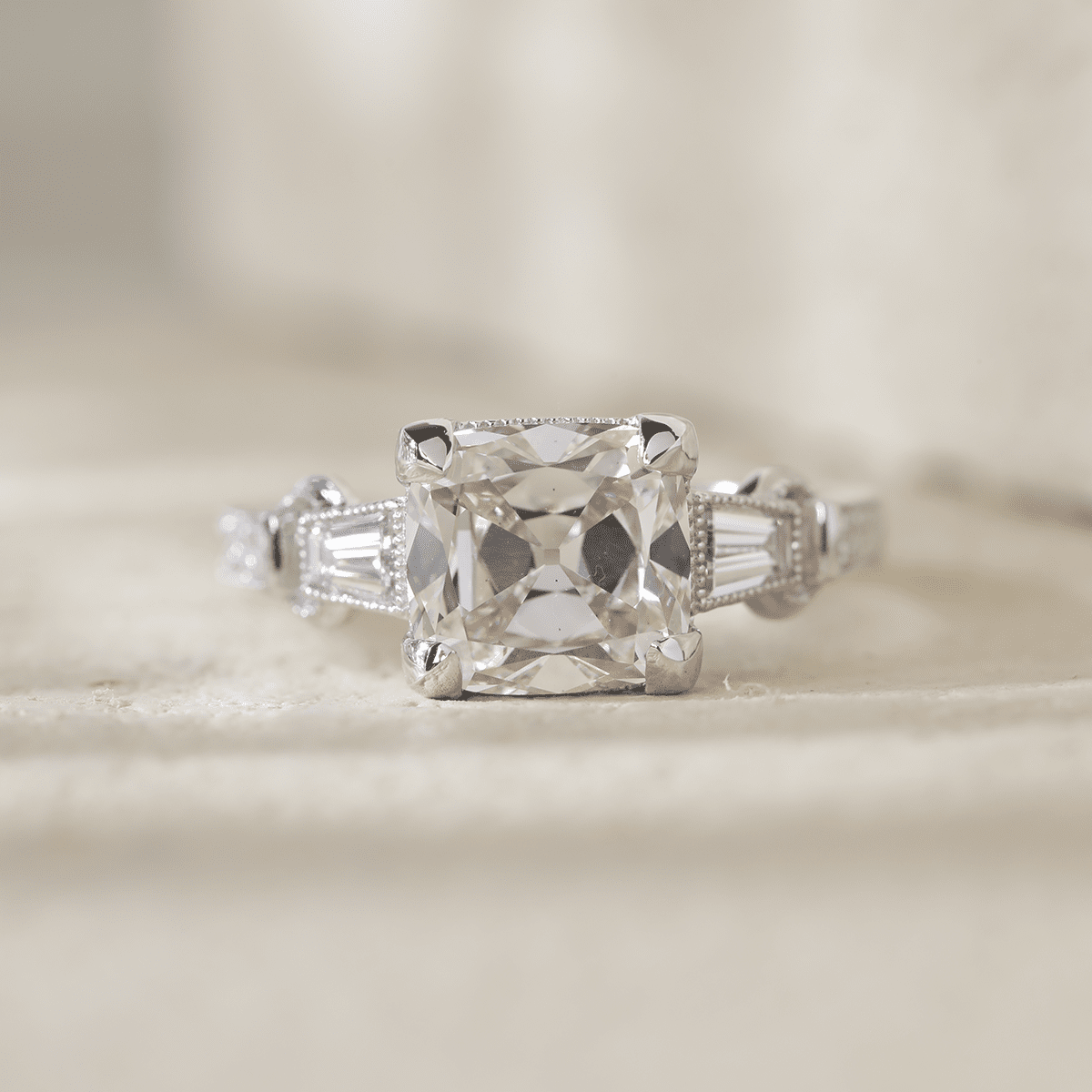 Old Mine-Cut Lab Diamond Three-Stone Ring in Art Deco Vintage Style with Tapered Baguette Side Stones, Millegrain Bezel-Set