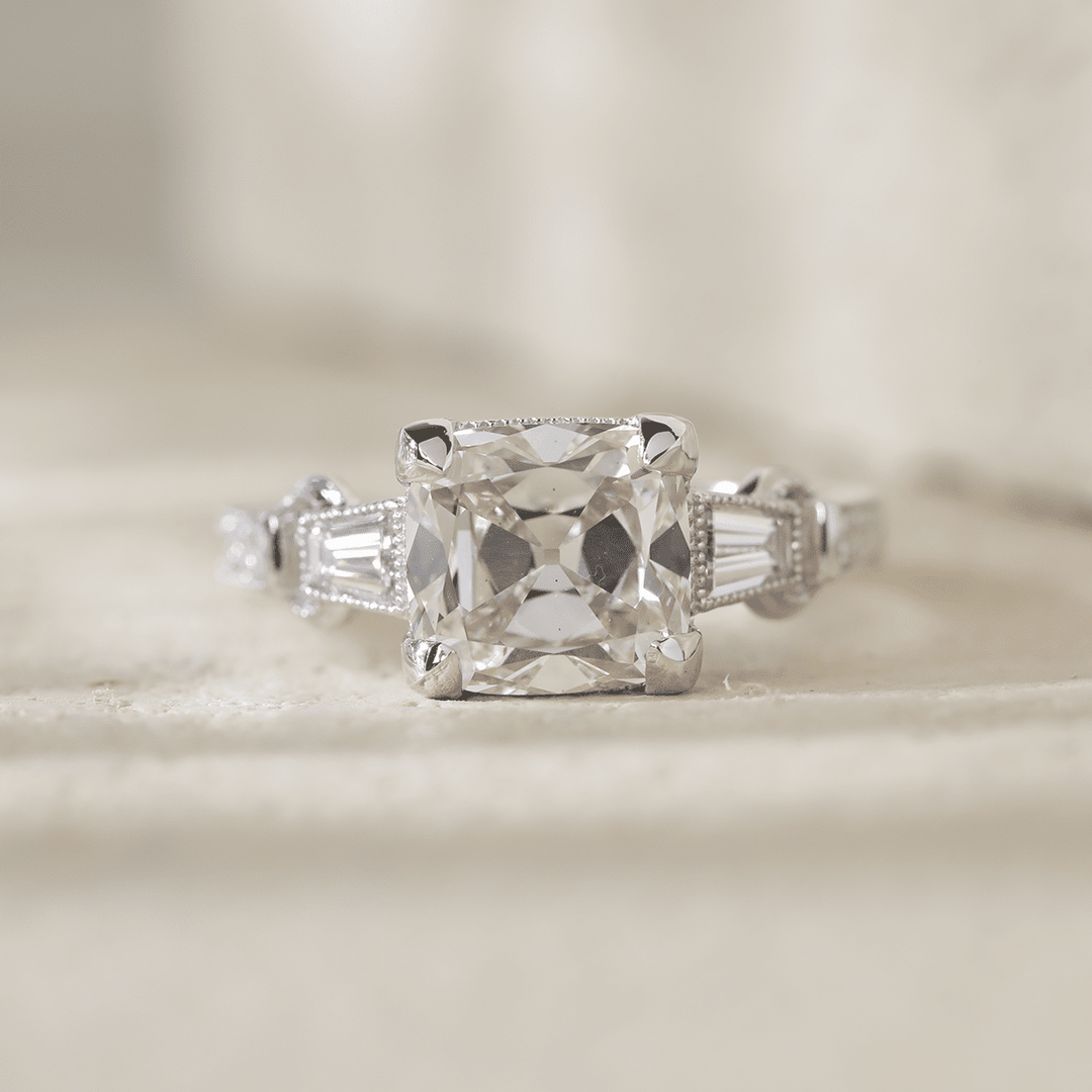 14K White Gold 3ct Old Mine Cut Lab Diamond Art Deco Style Vintage Engraved Three - stone Ring with Tapered Baguette Cut Side Stones - FIORESE JEWELRY