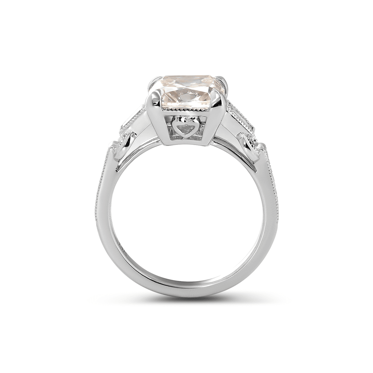 Old Mine-Cut Lab Diamond Three-Stone Ring in Art Deco Vintage Style with Tapered Baguette Side Stones, Millegrain Bezel-Set