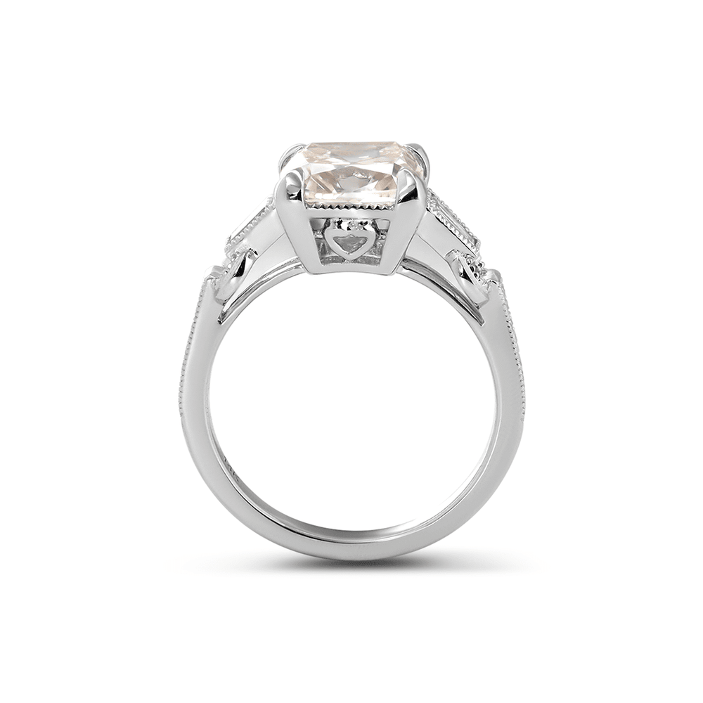 14K White Gold 3ct Old Mine Cut Lab Diamond Art Deco Style Vintage Engraved Three - stone Ring with Tapered Baguette Cut Side Stones - FIORESE JEWELRY