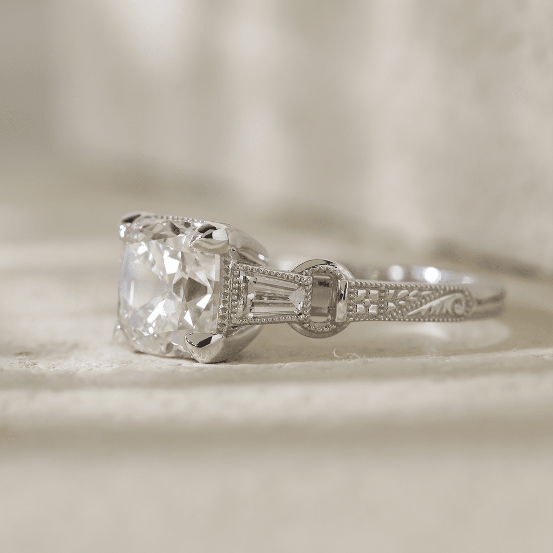 14K White Gold 3ct Old Mine Cut Lab Diamond Art Deco Style Vintage Engraved Three - stone Ring with Tapered Baguette Cut Side Stones - FIORESE JEWELRY
