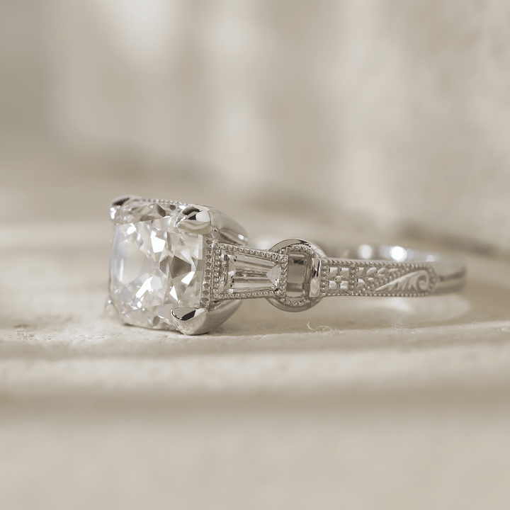 14K White Gold 3ct Old Mine Cut Lab Diamond Art Deco Style Vintage Engraved Three - stone Ring with Tapered Baguette Cut Side Stones - FIORESE JEWELRY