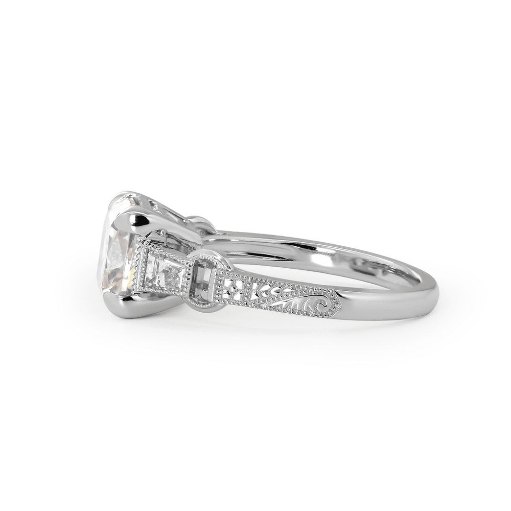 14K White Gold 3ct Old Mine Cut Lab Diamond Art Deco Style Vintage Engraved Three - stone Ring with Tapered Baguette Cut Side Stones - FIORESE JEWELRY