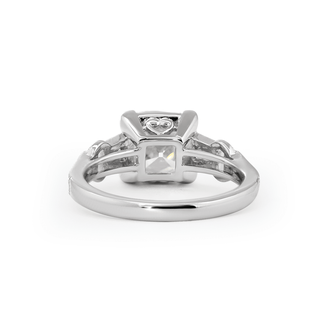 14K White Gold 3ct Old Mine Cut Lab Diamond Art Deco Style Vintage Engraved Three - stone Ring with Tapered Baguette Cut Side Stones - FIORESE JEWELRY