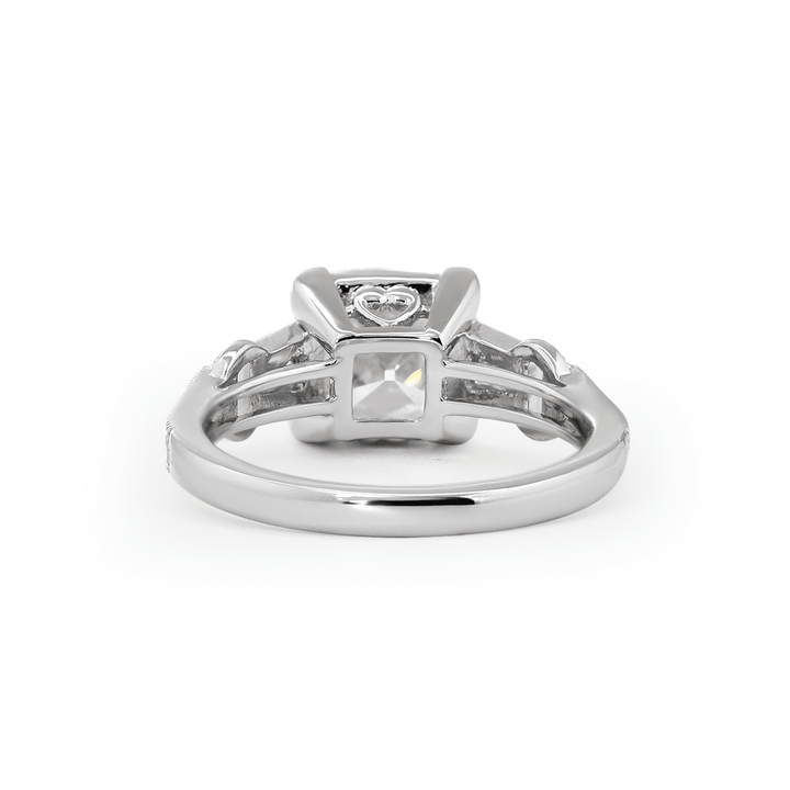 14K White Gold 3ct Old Mine Cut Lab Diamond Art Deco Style Vintage Engraved Three - stone Ring with Tapered Baguette Cut Side Stones - FIORESE JEWELRY