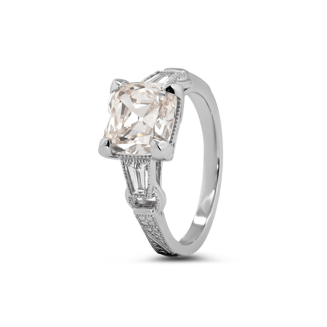 14K White Gold 3ct Old Mine Cut Lab Diamond Art Deco Style Vintage Engraved Three - stone Ring with Tapered Baguette Cut Side Stones - FIORESE JEWELRY