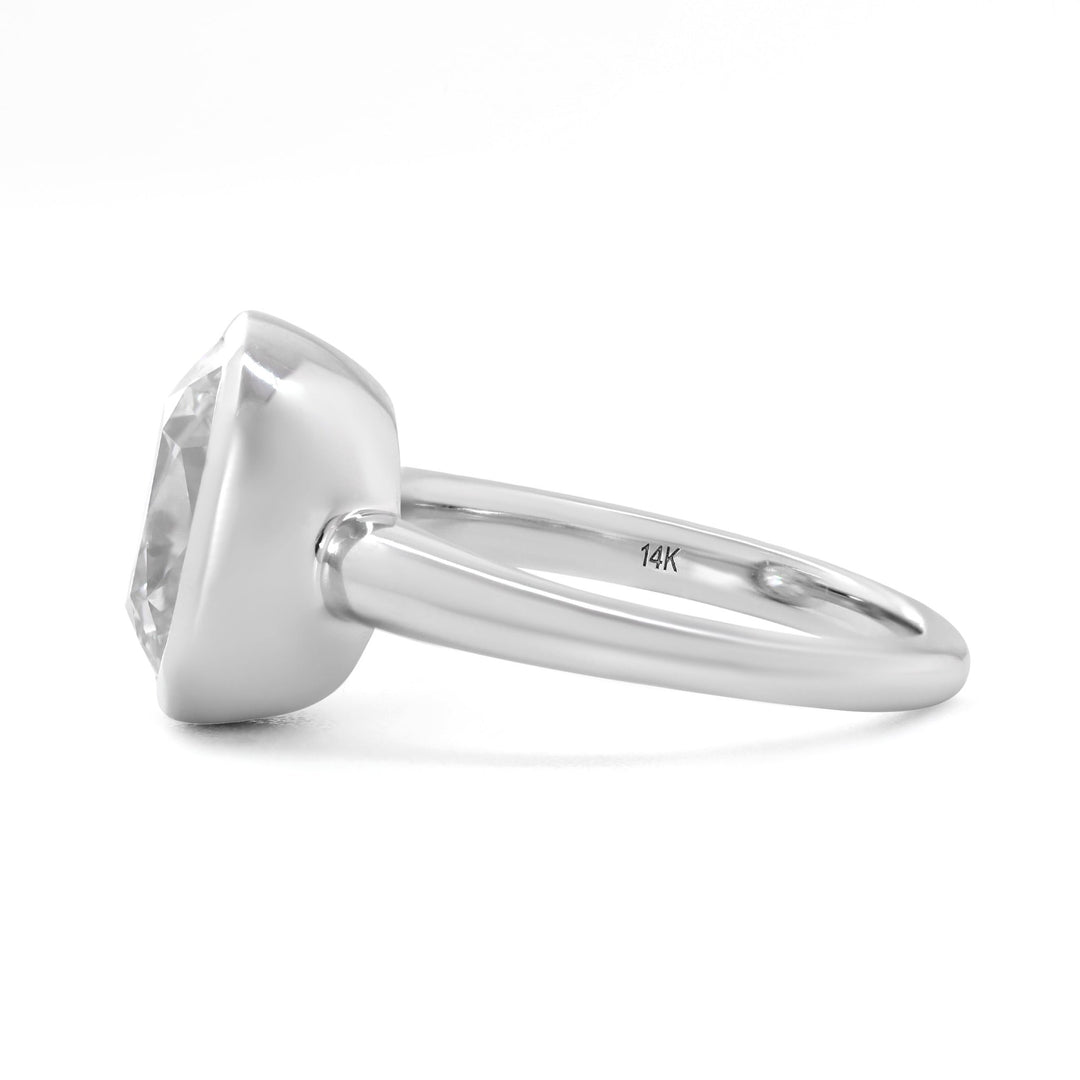 14K White Gold 4.5ct Elongated Old Mine Cut Lab Diamond Bezel Solitaire Ring - FIORESE JEWELRY