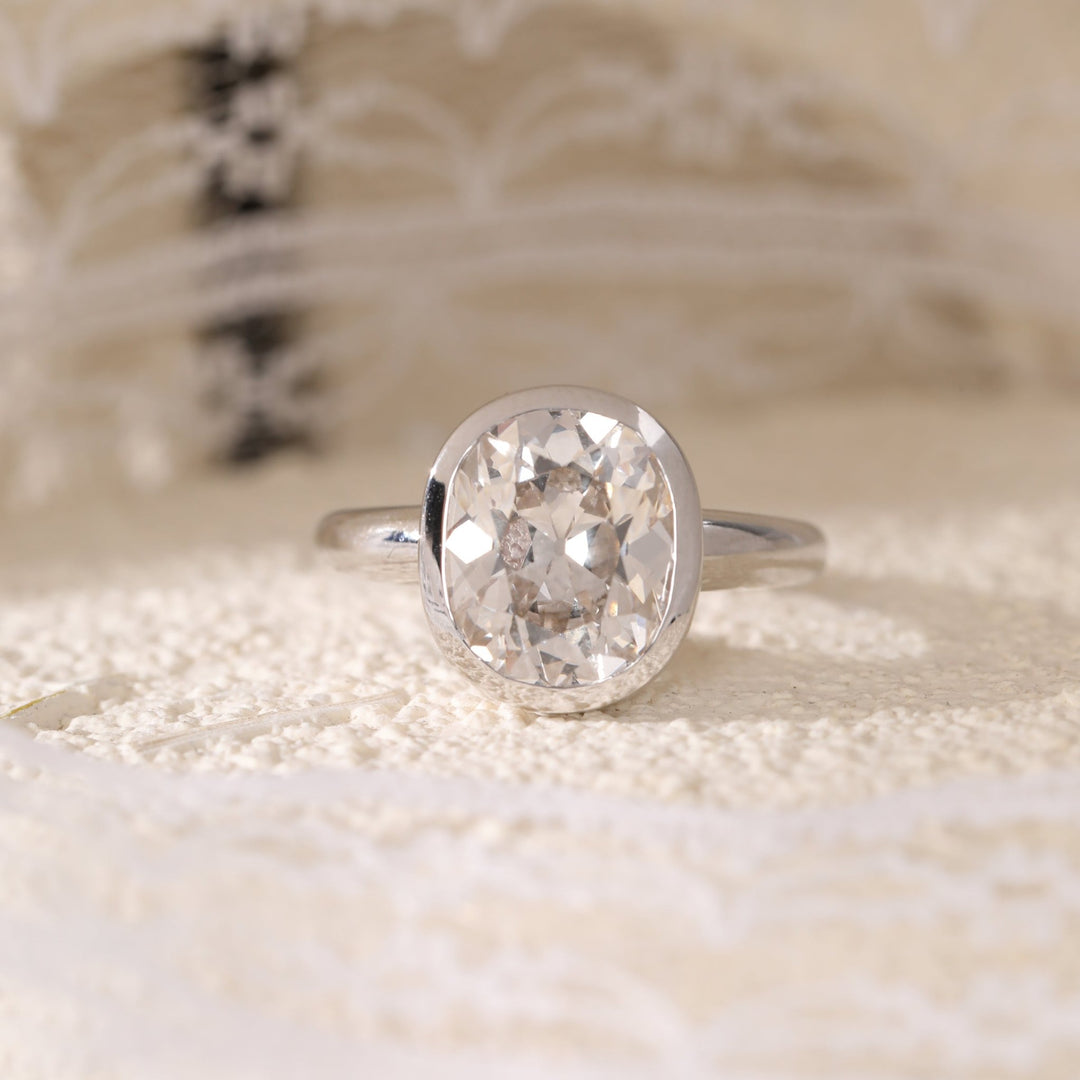 14K White Gold 4.5ct Elongated Old Mine Cut Lab Diamond Bezel Solitaire Ring - FIORESE JEWELRY