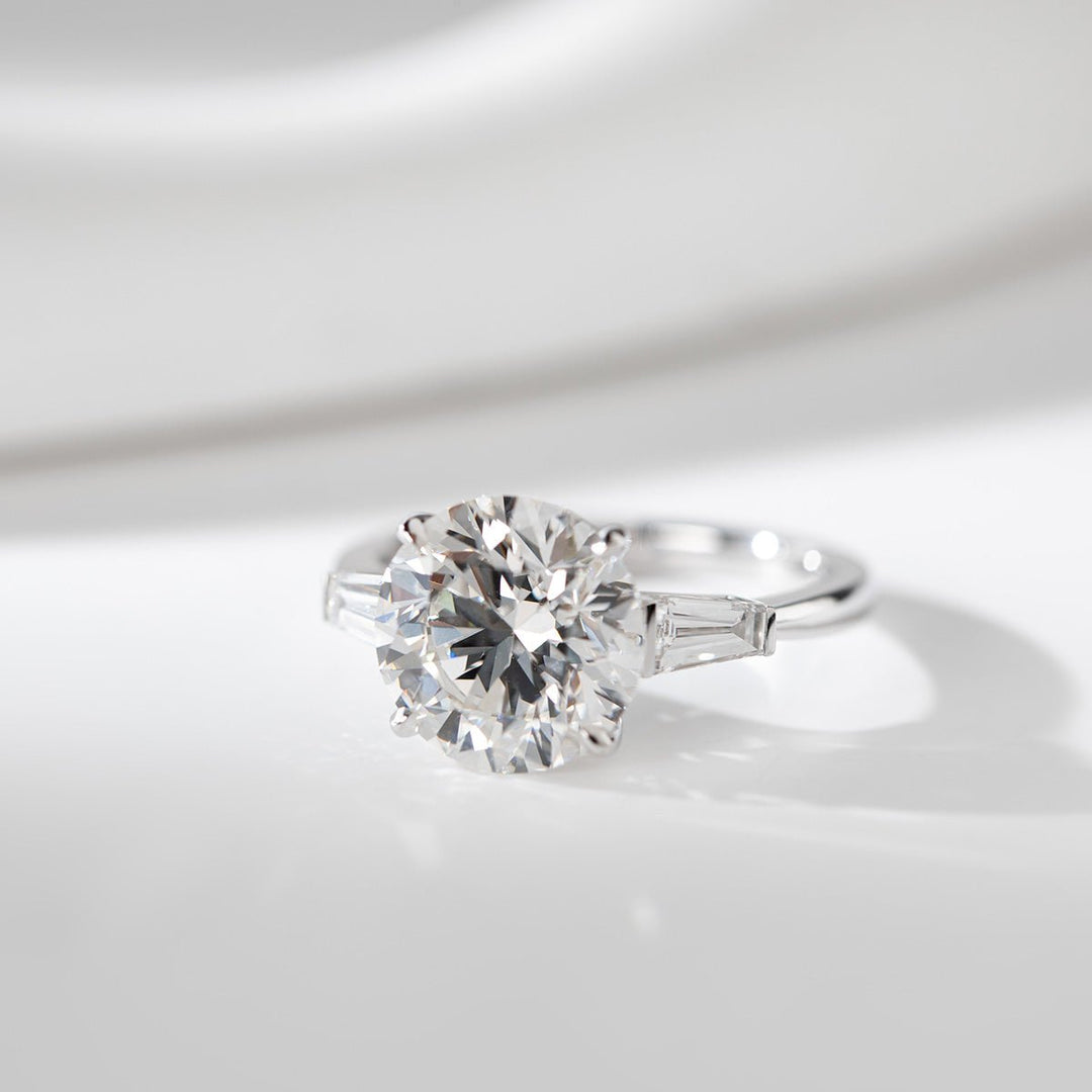 14K White Gold 4ct Round Cut Lab Diamond Tapered Three - stone Ring - FIORESE JEWELRY