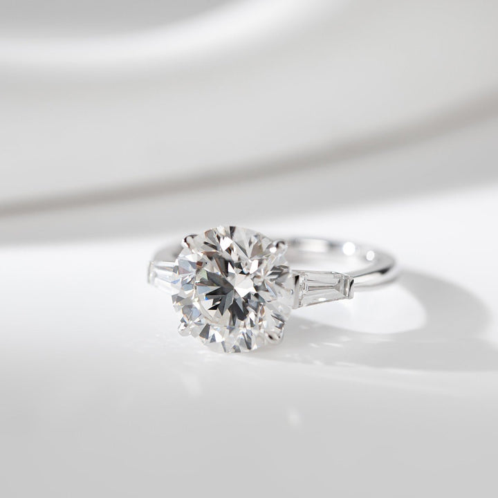 14K White Gold 4ct Round Cut Lab Diamond Tapered Three - stone Ring - FIORESE JEWELRY