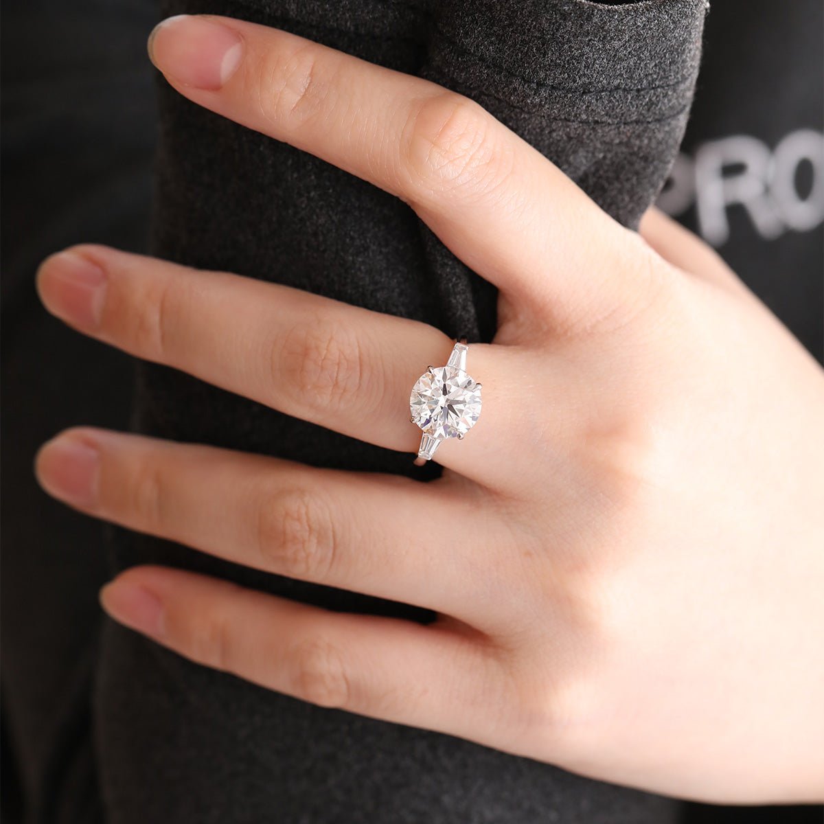 14K White Gold 4ct Round Cut Lab Diamond Tapered Three - stone Ring - FIORESE JEWELRY