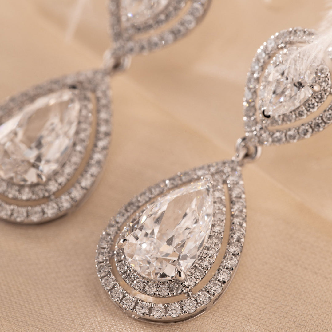 14K White Gold 5 ct tw Lab Diamond Pear Shaped Halo Drop Stud Earrings - FIORESE JEWELRY