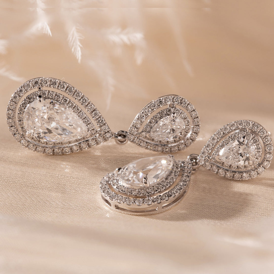14K White Gold 5 ct tw Lab Diamond Pear Shaped Halo Drop Stud Earrings - FIORESE JEWELRY