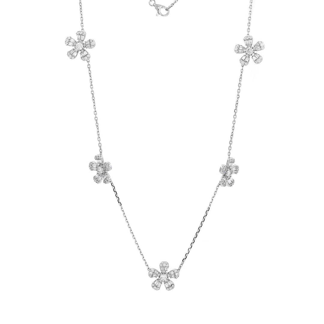 14K White Gold 5 - Flower Station Necklace with Round and Baguette Cut Lab Diamonds - FIORESE JEWELRY