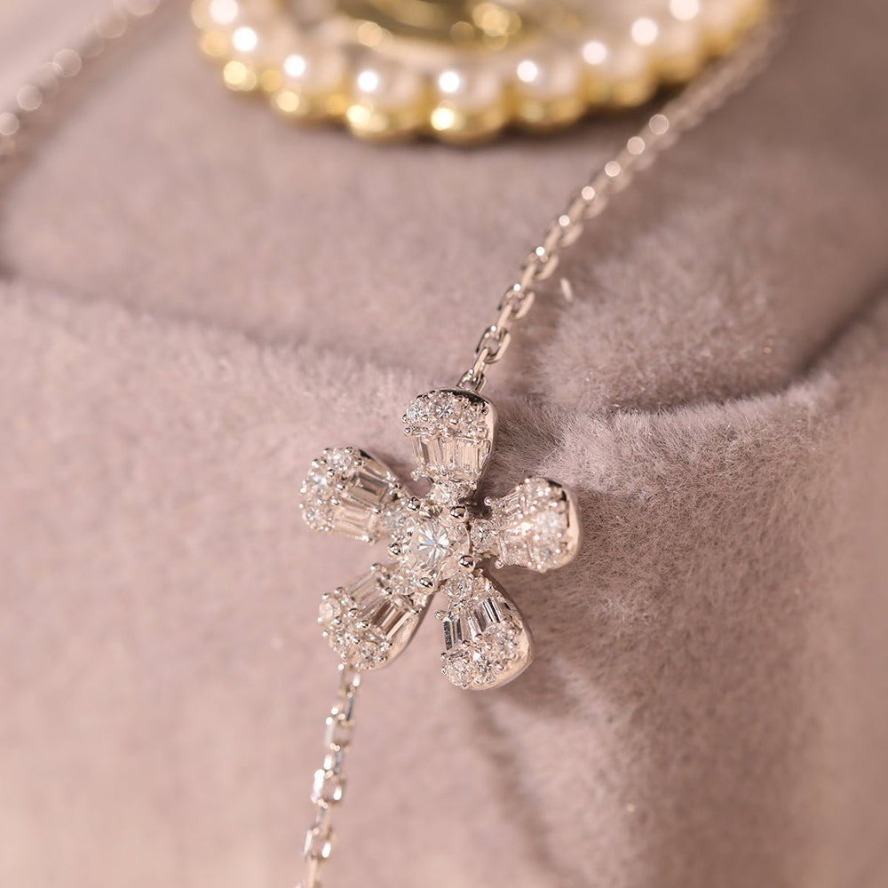 14K White Gold 5 - Flower Station Necklace with Round and Baguette Cut Lab Diamonds - FIORESE JEWELRY