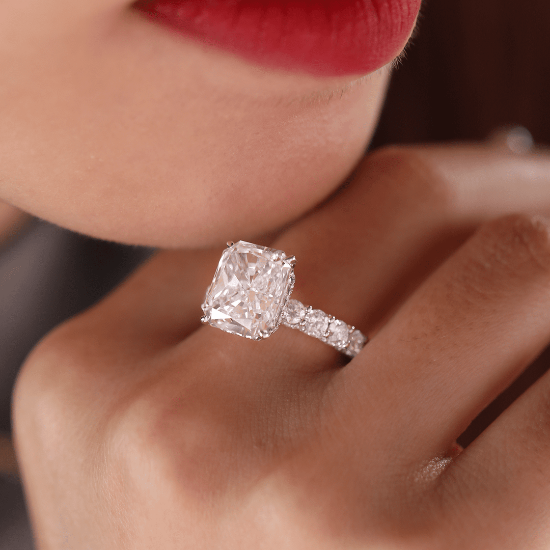 14K White Gold 5.5ct Radiant Cut Lab Diamond Engagement Ring with Hidden Halo and 2/3 Pave Band - FIORESE JEWELRY
