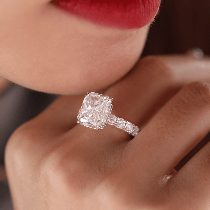14K White Gold 5.5ct Radiant Cut Lab Diamond Engagement Ring with Hidden Halo and 2/3 Pave Band - FIORESE JEWELRY