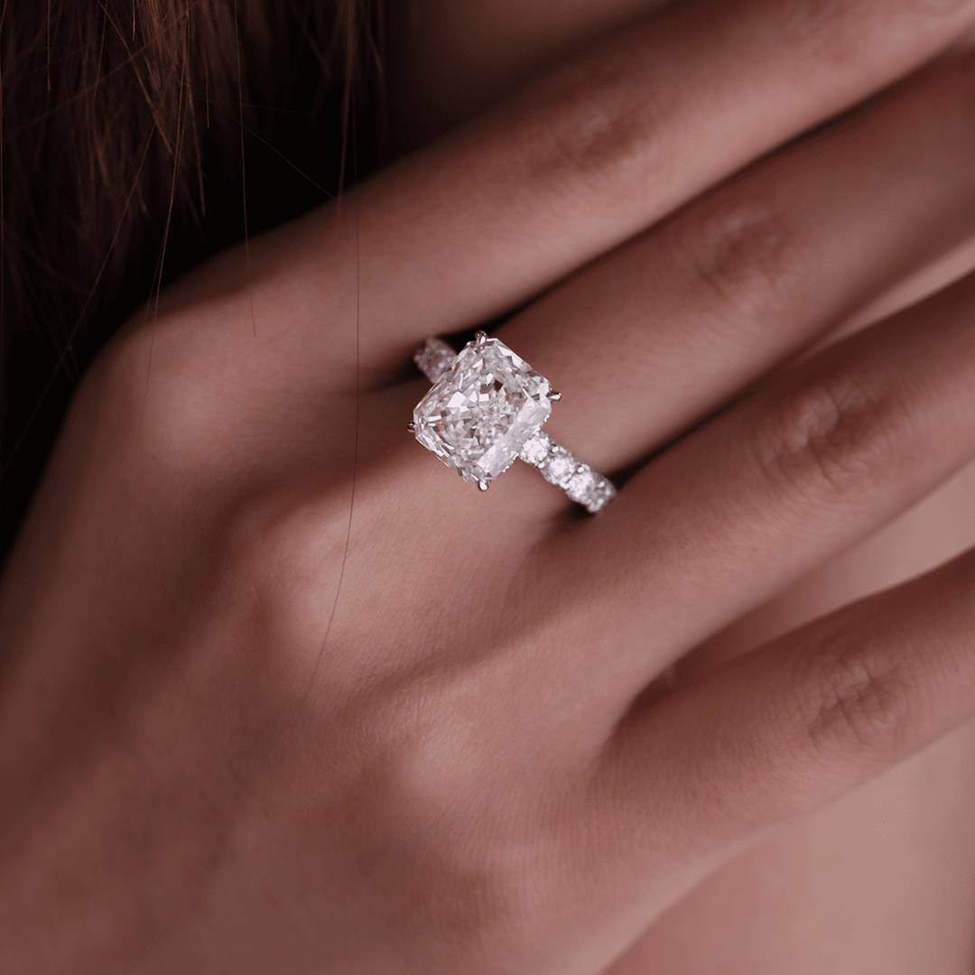 14K White Gold 5.5ct Radiant Cut Lab Diamond Engagement Ring with Hidden Halo and 2/3 Pave Band - FIORESE JEWELRY