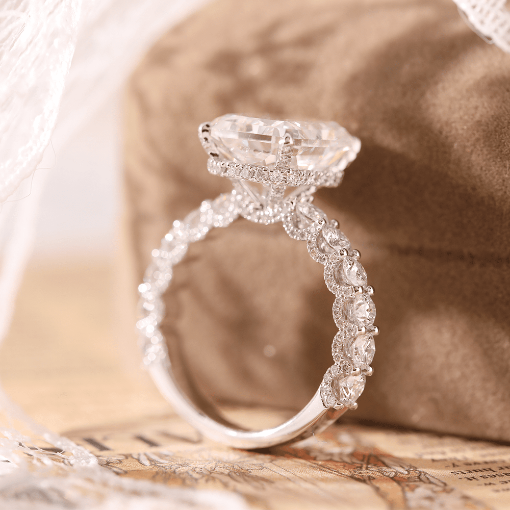 14K White Gold 5.5ct Radiant Cut Lab Diamond Engagement Ring with Hidden Halo and 2/3 Pave Band - FIORESE JEWELRY