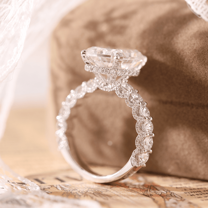 14K White Gold 5.5ct Radiant Cut Lab Diamond Engagement Ring with Hidden Halo and 2/3 Pave Band - FIORESE JEWELRY