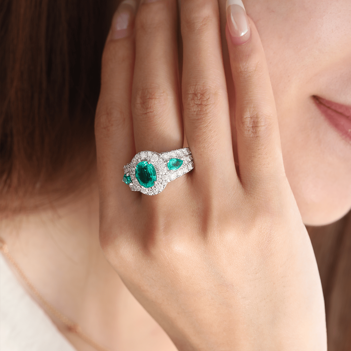 14K White Gold 9*7mm Oval Columbian Lab Emerald Vintage Ring with Pear Lab Emerald and Round Lab Diamond Side - stones Pave - FIORESE JEWELRY