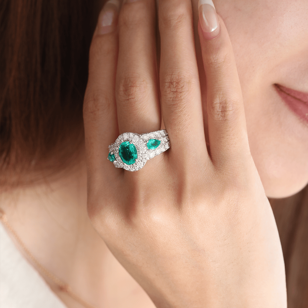 14K White Gold 9*7mm Oval Columbian Lab Emerald Vintage Ring with Pear Lab Emerald and Round Lab Diamond Side - stones Pave - FIORESE JEWELRY