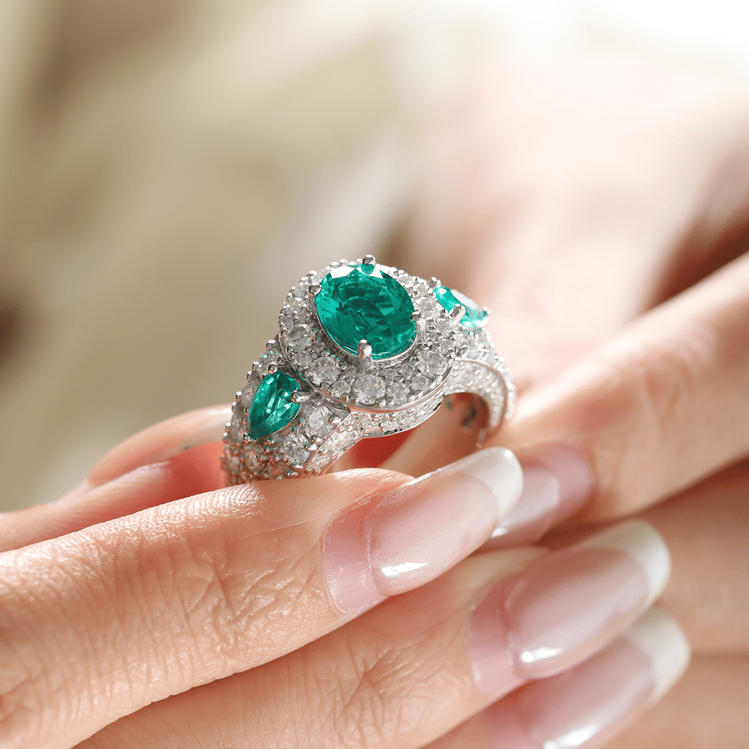 14K White Gold 9*7mm Oval Columbian Lab Emerald Vintage Ring with Pear Lab Emerald and Round Lab Diamond Side - stones Pave - FIORESE JEWELRY
