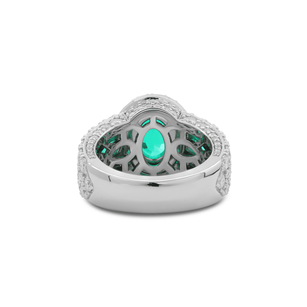 14K White Gold 9*7mm Oval Columbian Lab Emerald Vintage Ring with Pear Lab Emerald and Round Lab Diamond Side - stones Pave - FIORESE JEWELRY