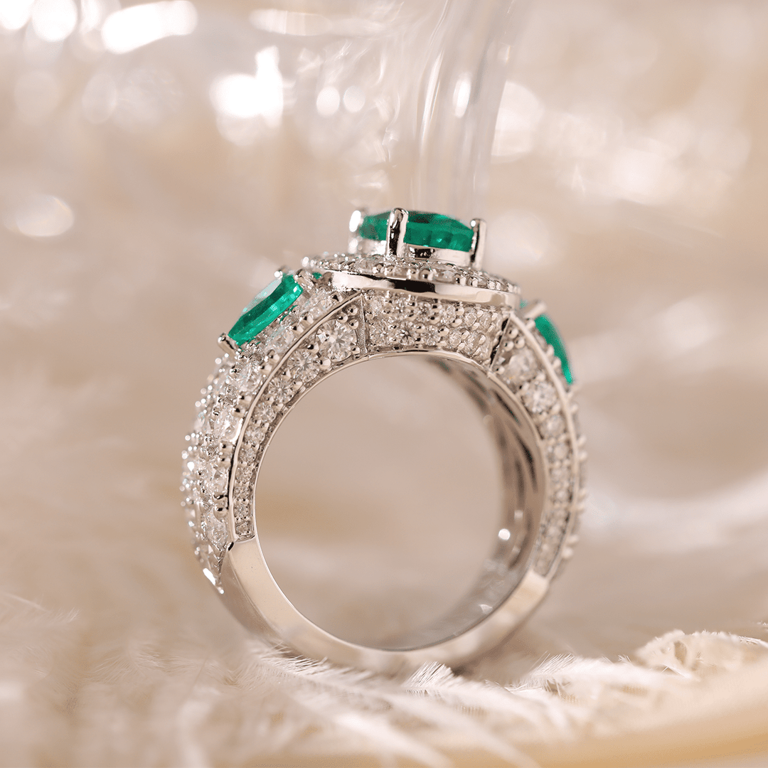 14K White Gold 9*7mm Oval Columbian Lab Emerald Vintage Ring with Pear Lab Emerald and Round Lab Diamond Side - stones Pave - FIORESE JEWELRY