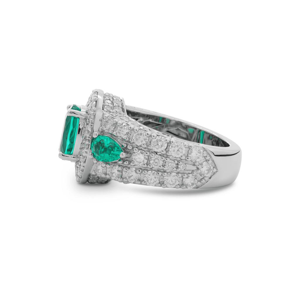 14K White Gold 9*7mm Oval Columbian Lab Emerald Vintage Ring with Pear Lab Emerald and Round Lab Diamond Side - stones Pave - FIORESE JEWELRY