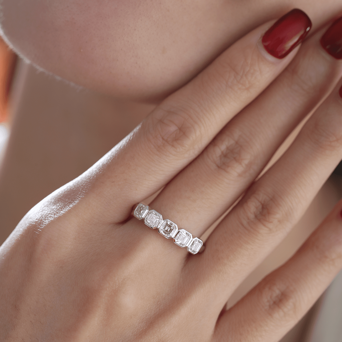 14K White Gold Asscher Cut Lab Diamond 5 Stone Bezel Half Eternity Ring - FIORESE JEWELRY