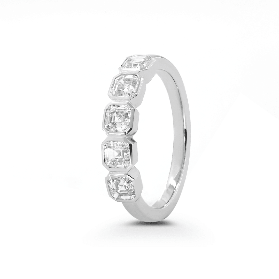 14K White Gold Asscher Cut Lab Diamond 5 Stone Bezel Half Eternity Ring - FIORESE JEWELRY