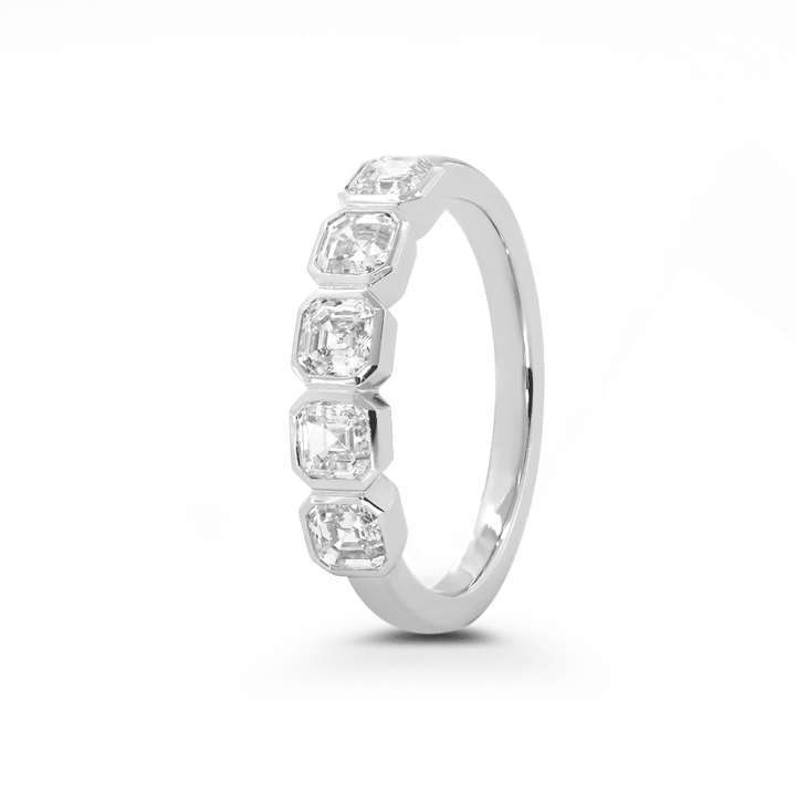 14K White Gold Asscher Cut Lab Diamond 5 Stone Bezel Half Eternity Ring - FIORESE JEWELRY