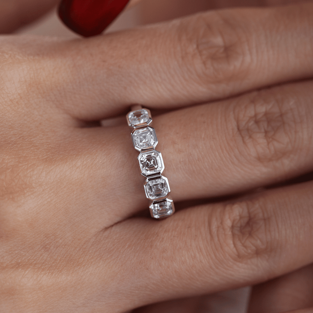 14K White Gold Asscher Cut Lab Diamond 5 Stone Bezel Half Eternity Ring - FIORESE JEWELRY