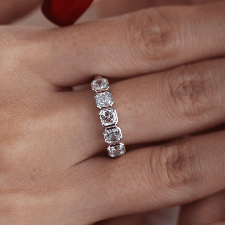 14K White Gold Asscher Cut Lab Diamond 5 Stone Bezel Half Eternity Ring - FIORESE JEWELRY