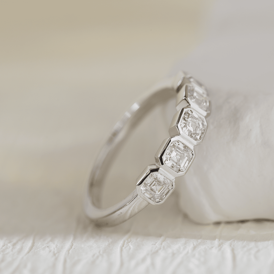 14K White Gold Asscher Cut Lab Diamond 5 Stone Bezel Half Eternity Ring - FIORESE JEWELRY