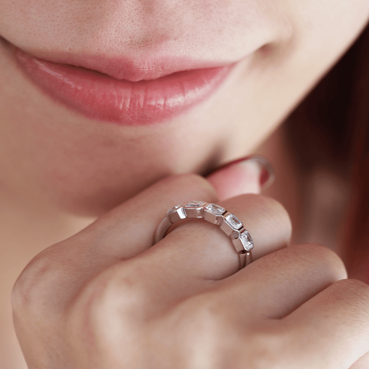 14K White Gold Asscher Cut Lab Diamond 5 Stone Bezel Half Eternity Ring - FIORESE JEWELRY