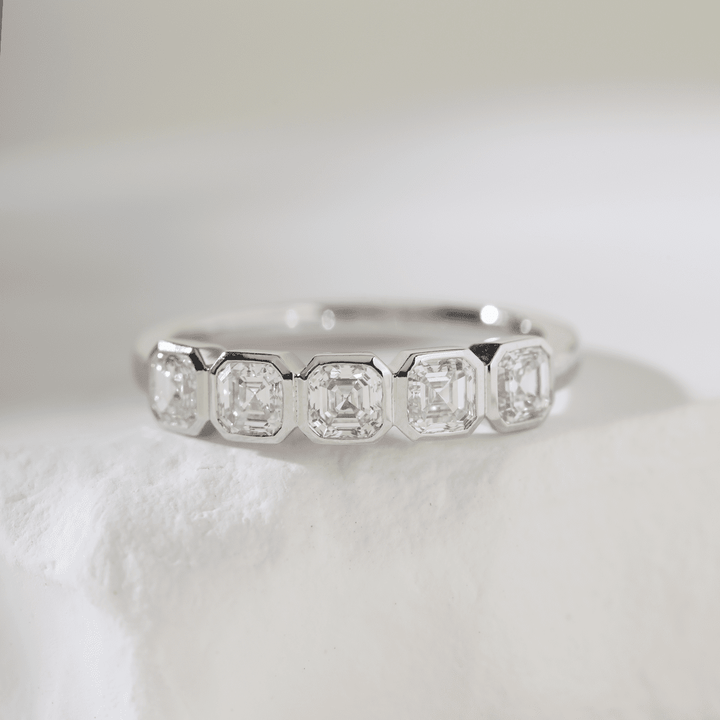 14K White Gold Asscher Cut Lab Diamond 5 Stone Bezel Half Eternity Ring - FIORESE JEWELRY