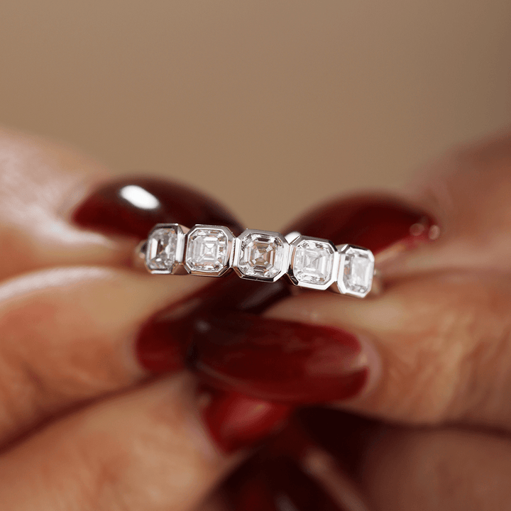14K White Gold Asscher Cut Lab Diamond 5 Stone Bezel Half Eternity Ring - FIORESE JEWELRY