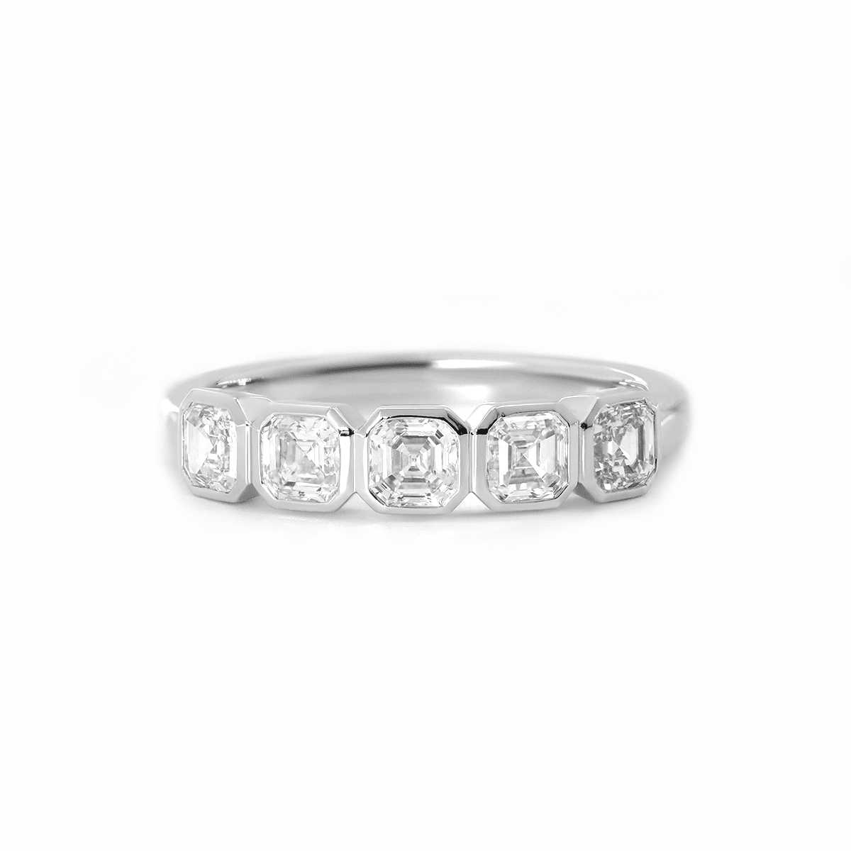 14K White Gold Asscher Cut Lab Diamond 5 Stone Bezel Half Eternity Ring - FIORESE JEWELRY