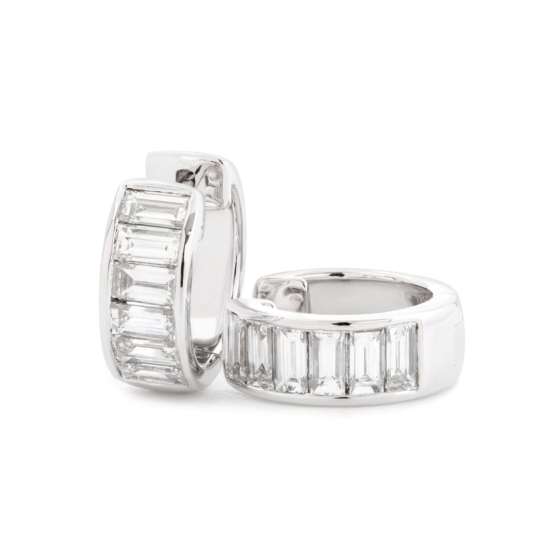 14K White Gold Baguette Cut Lab Diamond Channel Setting Huggie Earrings - FIORESE JEWELRY