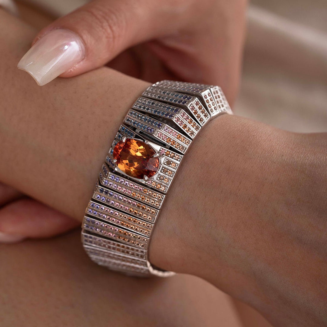 14K White Gold Colored Lab Gemstone Bracelet with 10*14mm Oval Lab Orange Sapphire - FIORESE JEWELRY