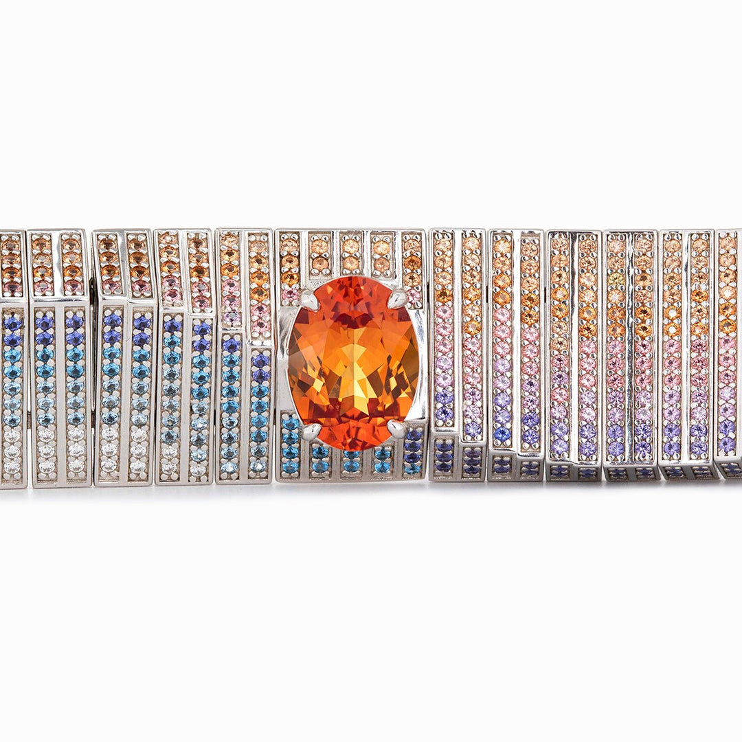 14K White Gold Colored Lab Gemstone Bracelet with 10*14mm Oval Lab Orange Sapphire - FIORESE JEWELRY
