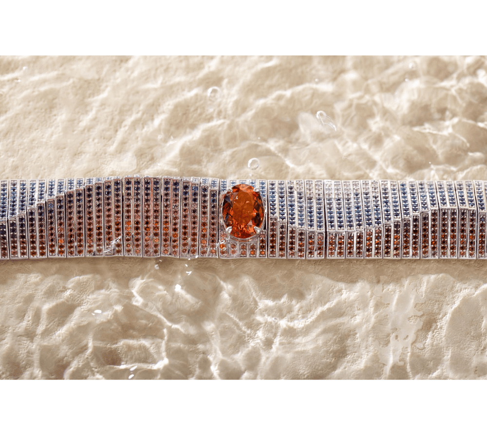 14K White Gold Colored Lab Gemstone Bracelet with 10*14mm Oval Lab Orange Sapphire - FIORESE JEWELRY