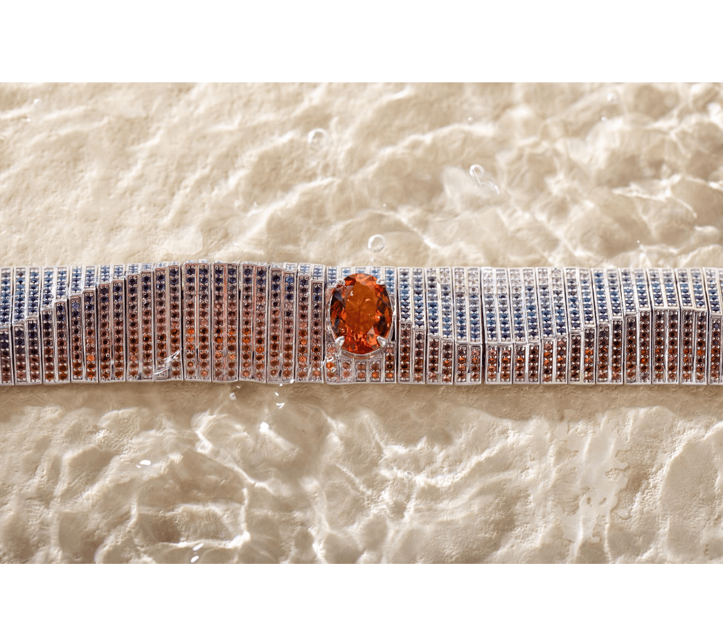 14K White Gold Colored Lab Gemstone Bracelet with 10*14mm Oval Lab Orange Sapphire - FIORESE JEWELRY