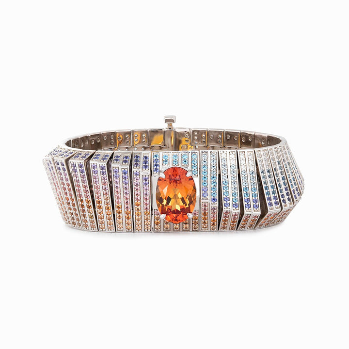 14K White Gold Colored Lab Gemstone Bracelet with 10*14mm Oval Lab Orange Sapphire - FIORESE JEWELRY