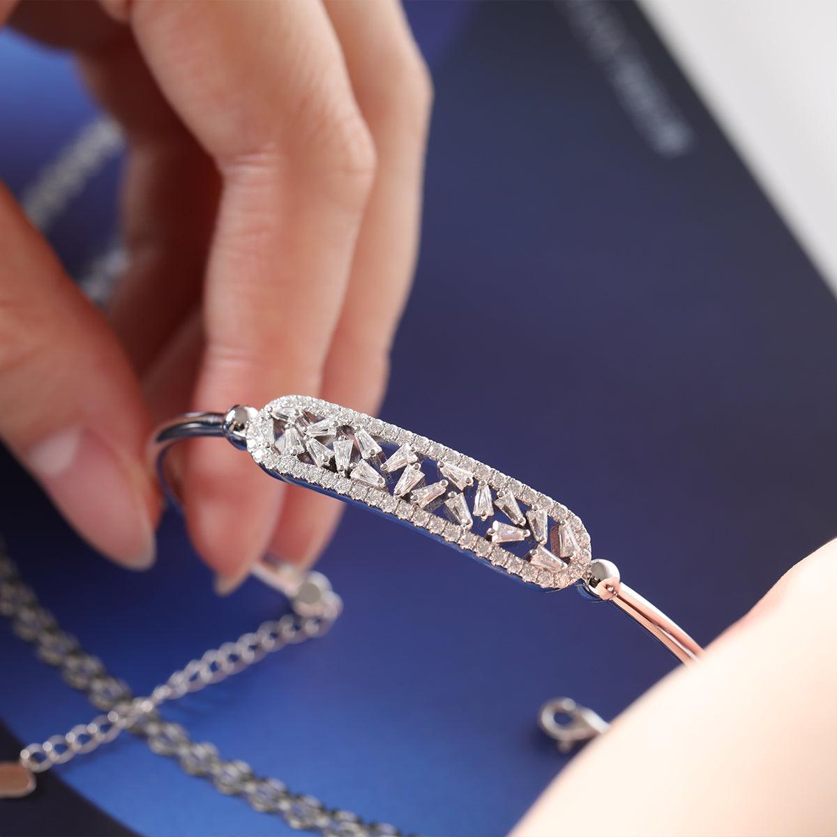 14K White Gold Cuff Bangle Bracelet with Tapered Baguette Cut and Round Cut Diamonds - FIORESE JEWELRY