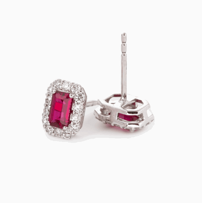 14K White Gold Emerald Cut Ruby Lab Diamond Halo Stud Earrings - FIORESE JEWELRY