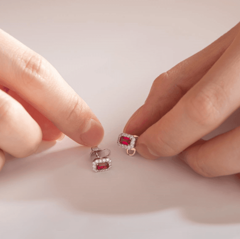 14K White Gold Emerald Cut Ruby Lab Diamond Halo Stud Earrings - FIORESE JEWELRY